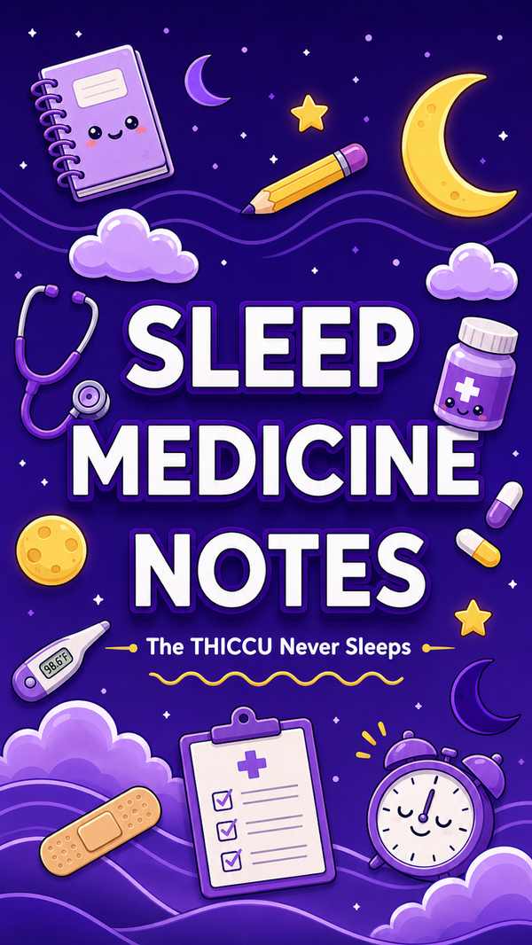 Front cover of Sleep Medicine Notes, The THICCU Never Sleeps edition — a purple night-sky cover illustrated with a moon, stars and a notebook.