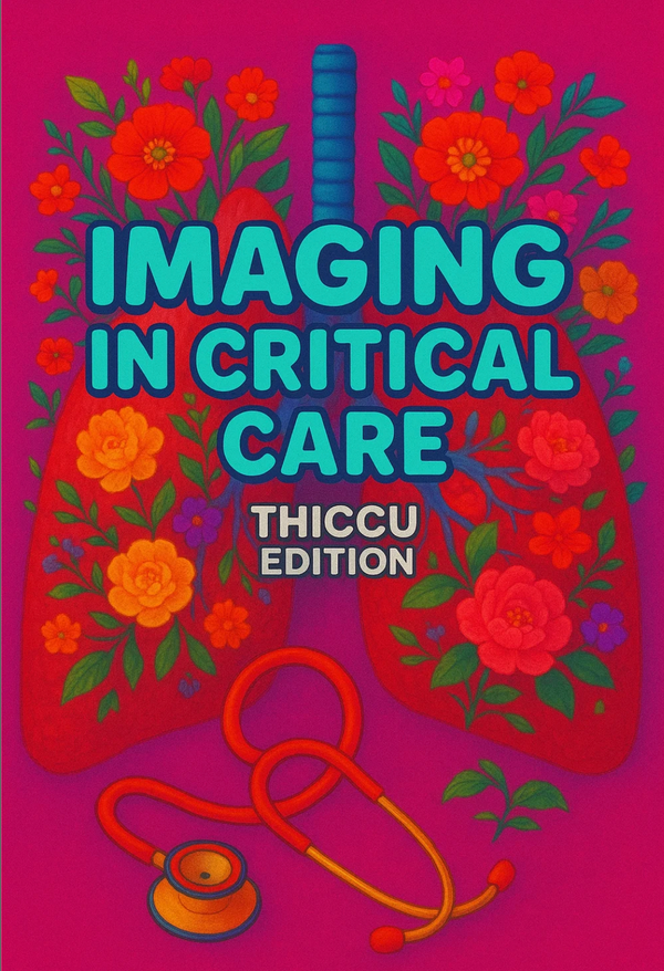 Front cover of Imaging in Critical Care, THICCU Edition — a deep pink cover illustrated with lungs, flowers and a stethoscope.
