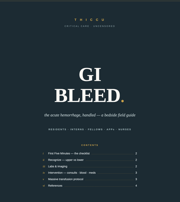 Cover of the GI Bleed survival guide — a dark navy cover reading “GI Bleed”, subtitled “an acute haemorrhage handbook”, with a contents list.