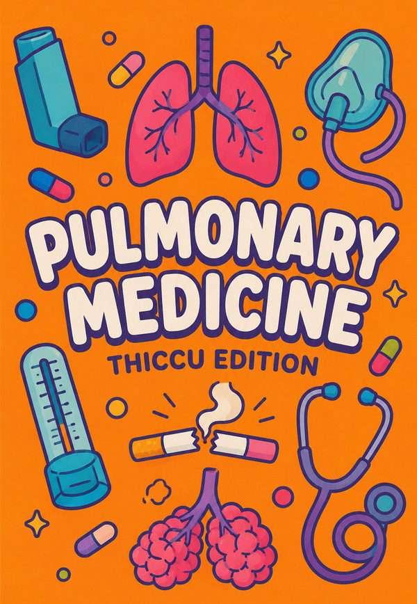 Front cover of Pulmonary Medicine, THICCU Edition — an orange cover illustrated with lungs, an inhaler, a thermometer and a stethoscope.