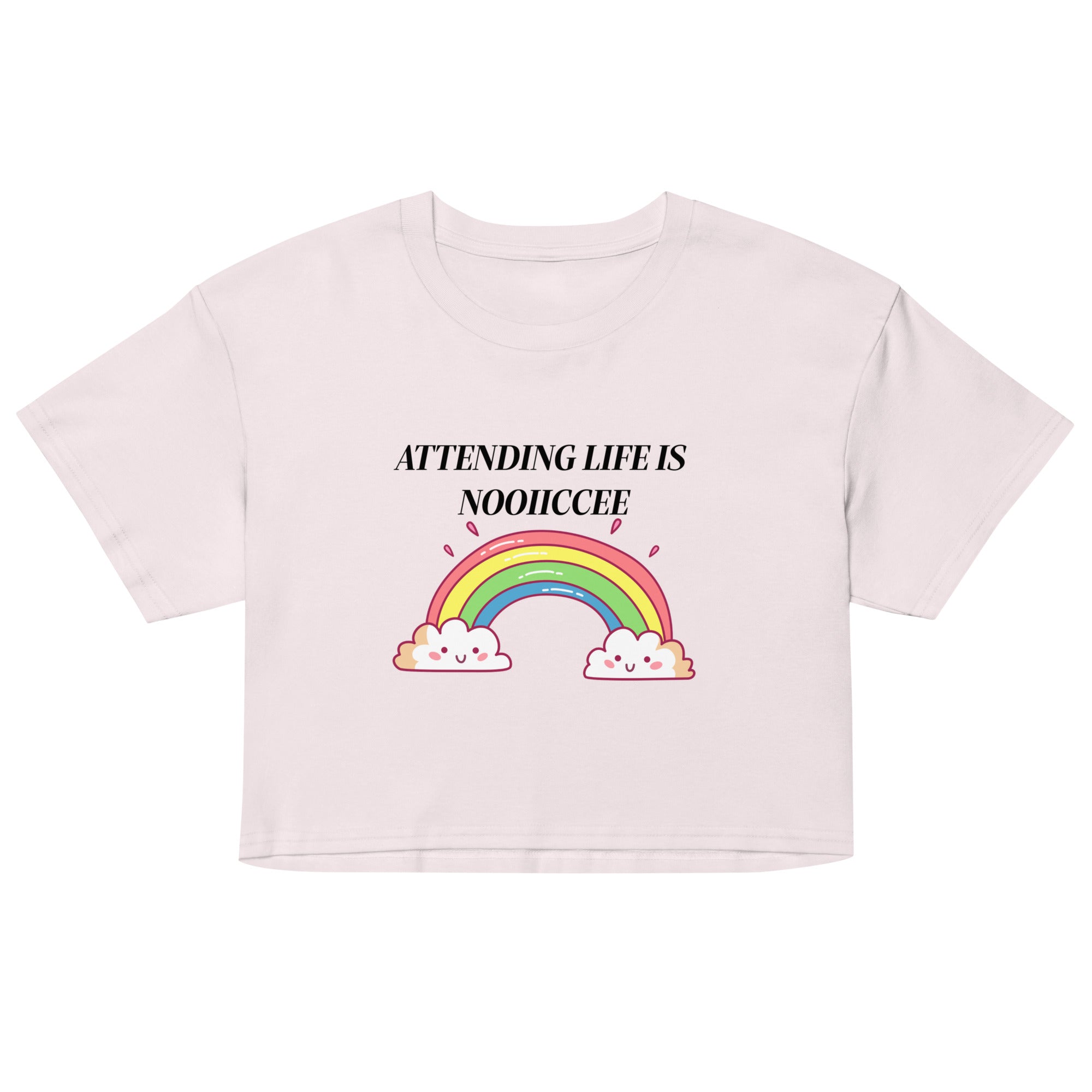 Orchid women’s cropped t-shirt with the Attending life is nooiiccee rainbow design, front view.